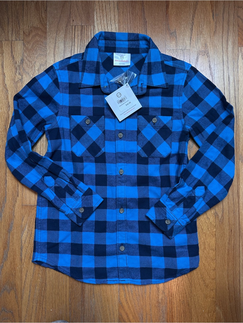 NWT Hanna Andersson Blue Black Plaid Flannel Boys Button Down LS Shirt Sz 120
